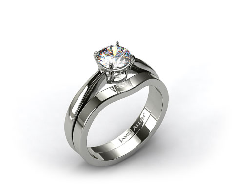 18k White Gold 2.2mm Wire Basket Solitaire Ring & 2.3mm Curved Wedding Ring